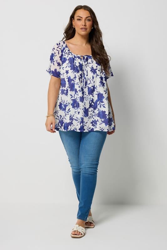 YOURS Plus Size Dark Blue Floral Short Sleeve Pintuck Blouse | Yours Clothing 1