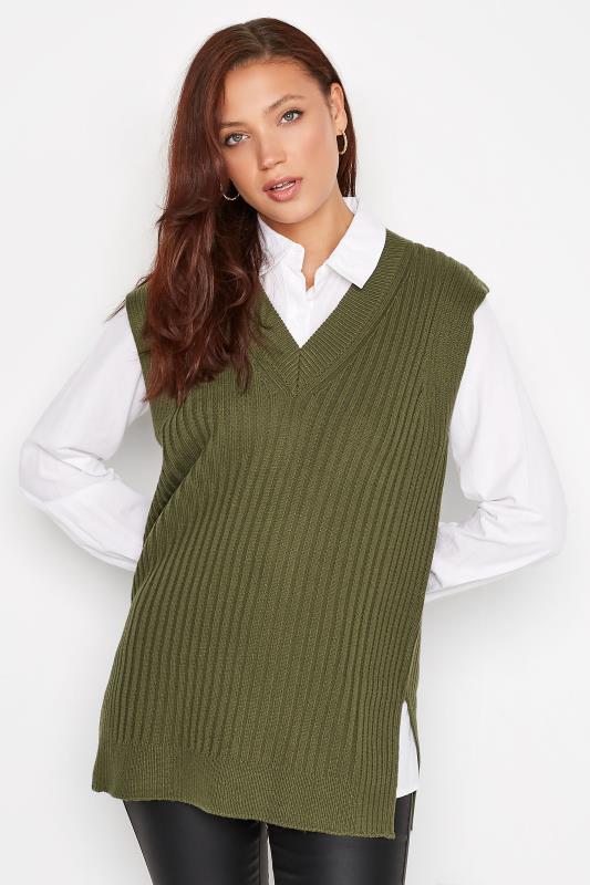 LTS Tall Women's Khaki Green Knitted Ribbed Vest Top | Long Tall Sally  1