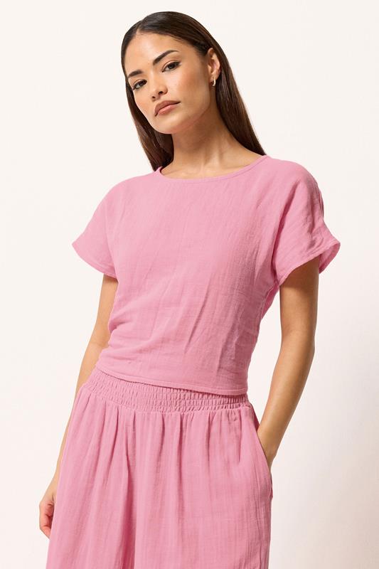 PixieGirl Petite Women's Set Pink Cotton Cheesecloth Top & Cropped Trousers | PixieGirl 2