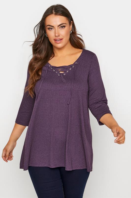 Plus Size Purple Polkadot Lace Up Top  | Yours Clothing 1