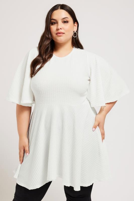 YOURS LONDON Plus Size White Angel Sleeve Jacquard Top | Yours Clothing 1