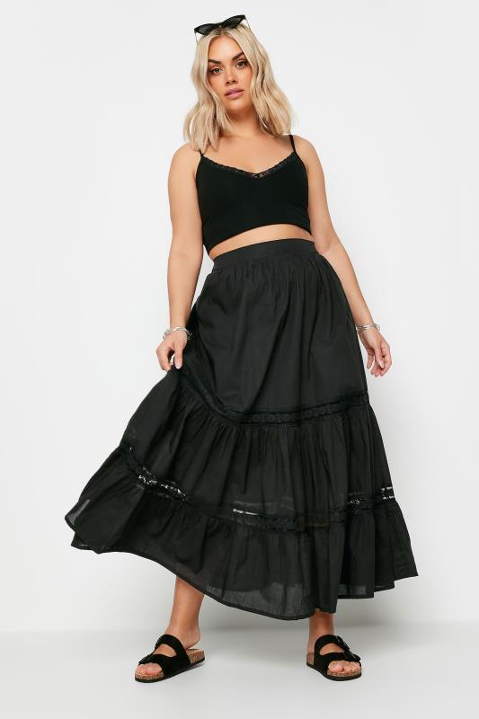 YOURS Plus Size Black Tiered Lace Cotton Maxi Skirt | Yours Clothing 1