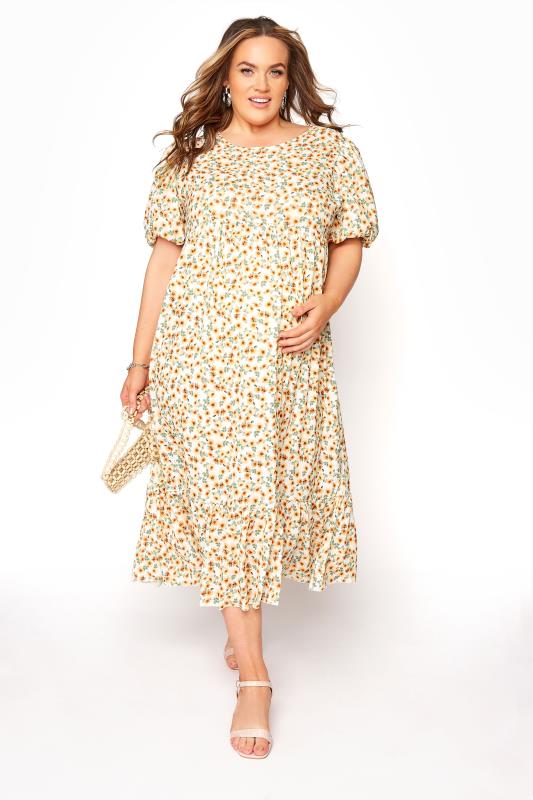 BUMP IT UP MATERNITY Curve Yellow Floral Puff Sleeve Smock Dress 2