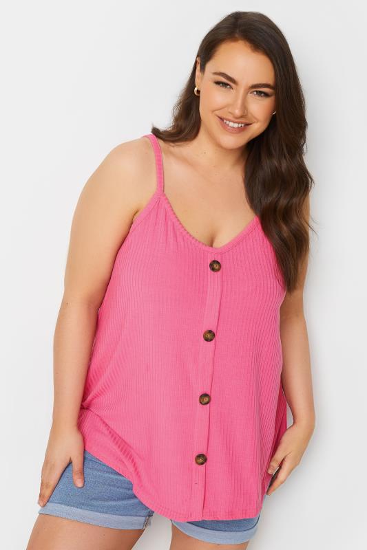 YOURS Plus Size Pink Ribbed Button Front Cami Top | Yours Clothing 4