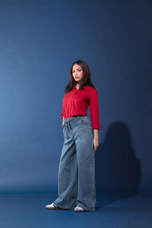 PixieGirl Petite Blue Mid Wash Belt Tie Cotton Wide Leg Jeans