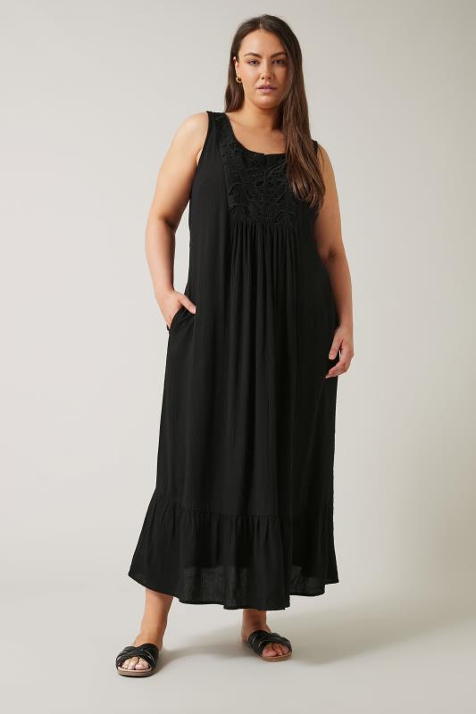 EVANS Plus Size Black Crinkle Broderie Maxi Dress | Evans  1