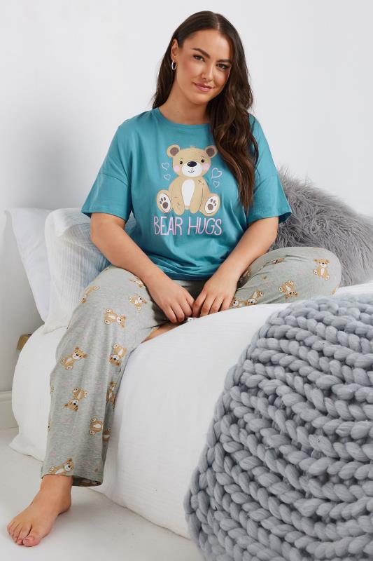 Plus Size  YOURS Curve Blue 'Bear Hugs' Wide Leg Pyjama Set