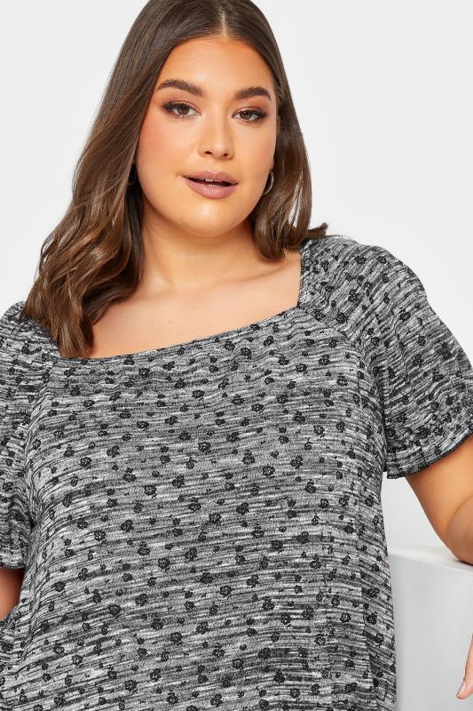 YOURS Plus Size Charcoal Grey Marl Ditsy Floral Top | Yours Clothing 4