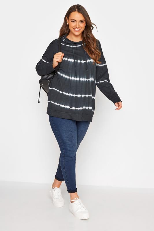 Plus Size Black Tie Dye Washed Hoodie | Yours Clothing  2