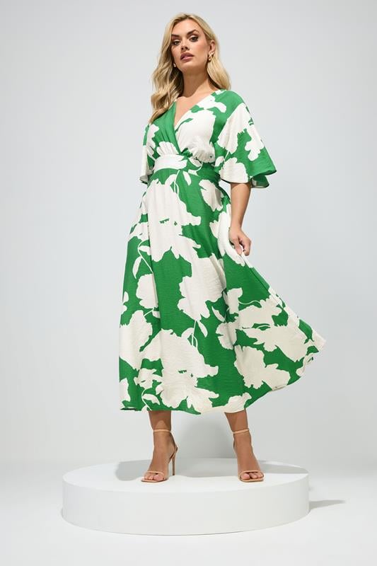 YOURS LONDON Plus Size Green Floral Linen Look Wrap Dress | Yours Clothing 1