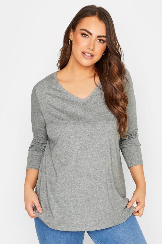  Grande Taille YOURS Curve Grey Marl Long Sleeve V-Neck T-Shirt