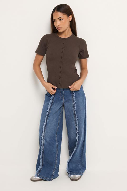 PixieGirl Petite Women's Mid Blue Frayed Seam Wide Leg Jeans | PixieGirl 1