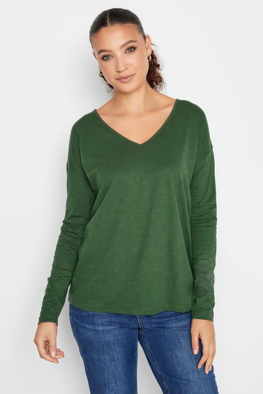 LTS Tall Green V-Neck Long Sleeve Cotton T-Shirt | Long Tall Sally 1