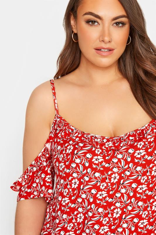 Plus Size Red Floral Print Frill Cold Shoulder Top | Yours Clothing 4