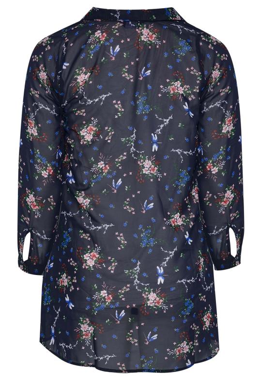 Plus Size Navy Blue Floral Print Button Through Shirt | Yours Clothing 8