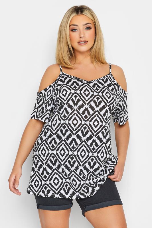 YOURS Plus Size 2 PACK Black Printed Cold Shoulder T-Shirts | Yours Clothing  2