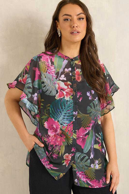  EVANS blusa negra tropical de manga con volantes fruncidos