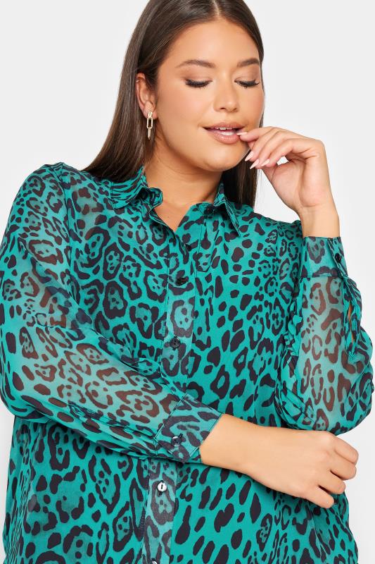 YOURS LONDON Plus Size Green Leopard Print Boyfriend Shirt | Yours Clothing 5