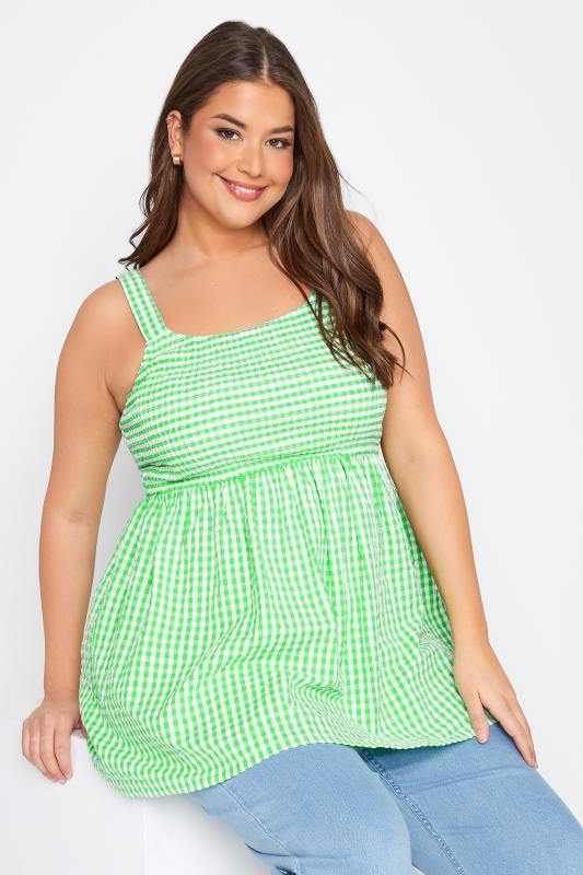 Plus Size Bright Green Gingham Shirred Vest Top | Yours Clothing  4
