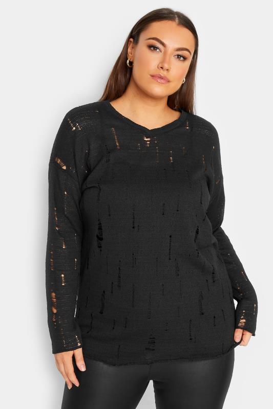 YOURS LUXURY Plus Size Black Distressed Stitch Knitted Jumper | Yours Clothing 1