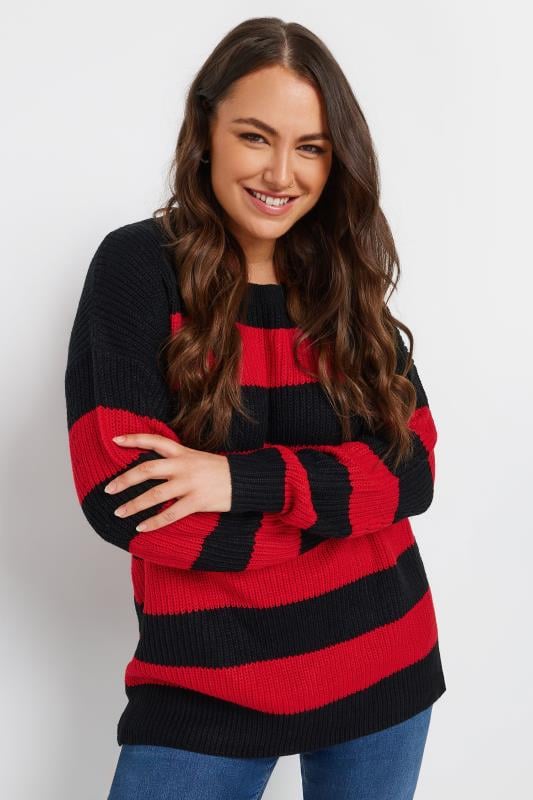 YOURS Plus Size Black & Red Stripe Knitted Jumper | Yours Clothing