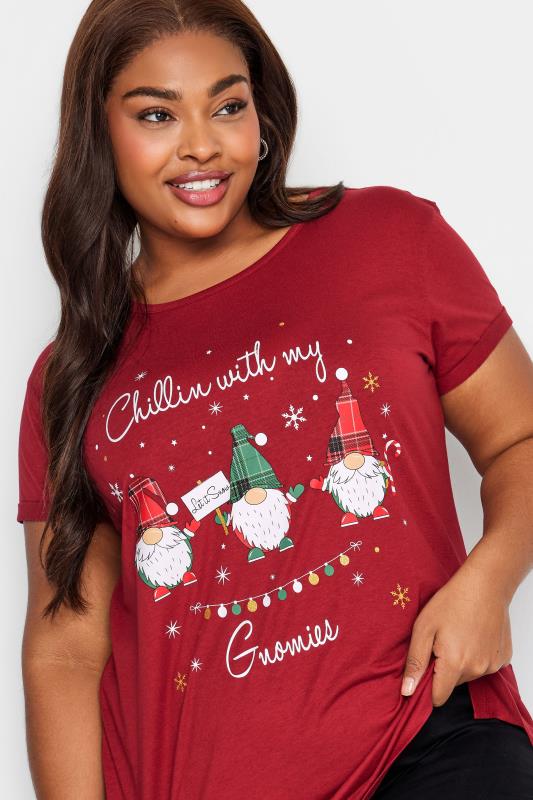 YOURS Curve Red 'Chillin With My Gnomies' Christmas T-Shirt | Yours Clothing  4