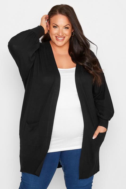 Plus Size Curve Black Balloon Sleeve Fine Knit Cardigan | Yours Clothing 2
