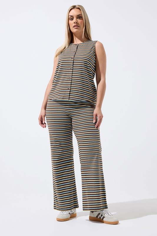  YOURS bruine gestreepte broek met wijde pijpen