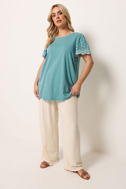 YOURS Plus Size Green Embroidered Sleeve T-Shirt | Yours Clothing 1