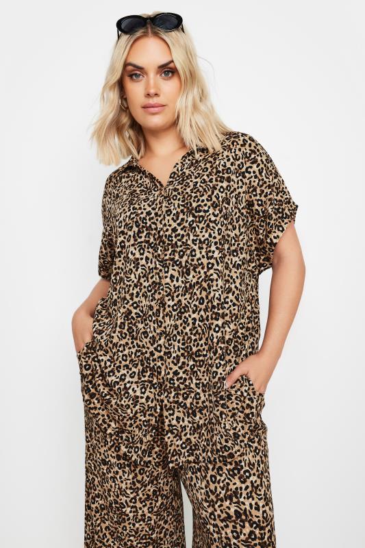 YOURS Plus Size Brown Leopard Print Crinkle Short Sleeve Shirt | Yours Clothing 4