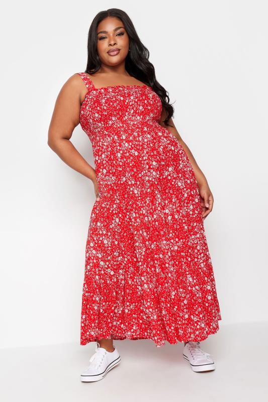  Grande Taille YOURS Curve Red Ditsy Floral Print Shirred Maxi Dress