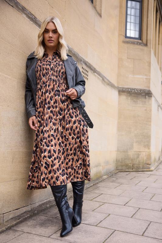  Grande Taille YOURS Curve Brown Leopard Print Shirred Midaxi Dress