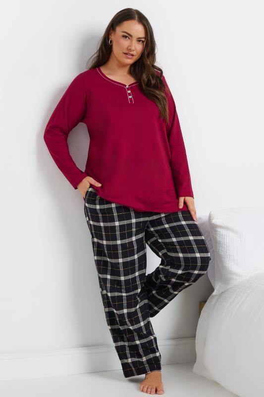 YOURS Plus Size Red Long Sleeve Placket Pyjama Top | Yours Clothing 3