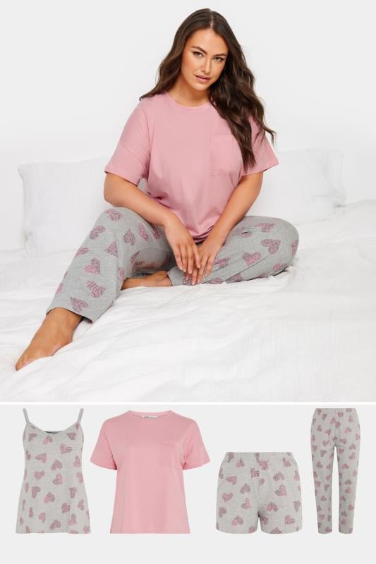Plus Size  YOURS 4 PACK Curve Grey Love Heart Print Pyjama Set