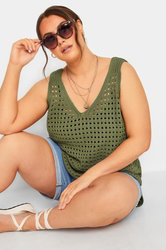 Plus Size  YOURS Curve Khaki Green Crochet Knit Vest Top
