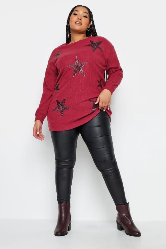 YOURS Plus Size Red Sequin Star Soft Touch Top | Yours Clothing 2