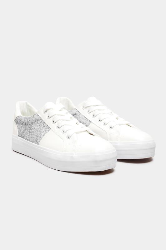 White & Silver Glitter Panel Flatform Trainers In Wide Fit | Yours Clothing 2
