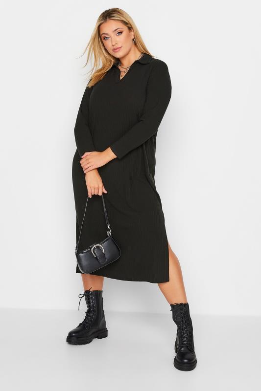 Curve Plus Size Black Ribbed Spilt Sides Midi Dress | Yours Clothing 2