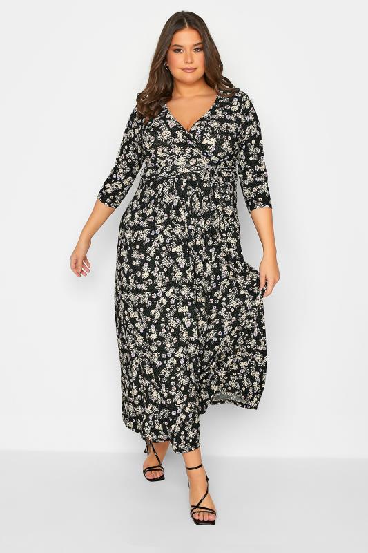 Plus Size Black Ditsy Print V-Neck Maxi Dress | Yours Clothing 2