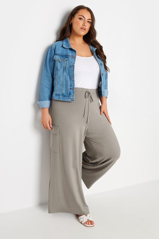 YOURS Plus Size Stone Brown Jersey Wide Leg Cargo Trousers | Yours Clothing 2