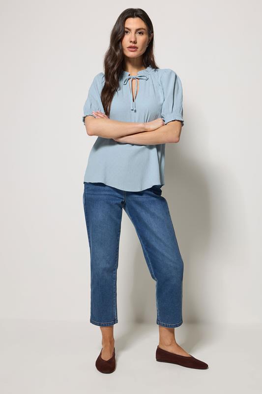 M&Co Blue Pastel Tie Neck Frill Sleeve Blouse | M&Co 1