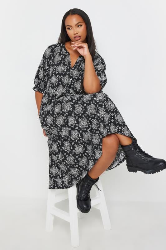  YOURS Curve Black Tile Print Tiered Midi Dress