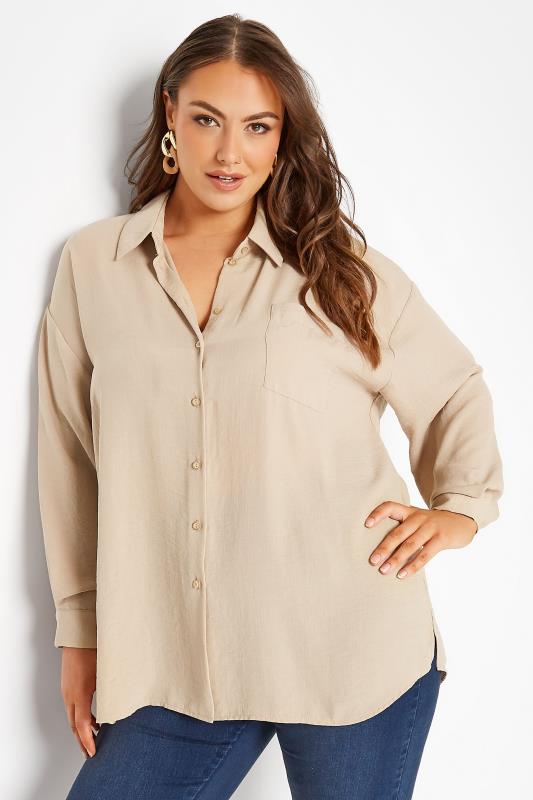 YOURS LONDON Plus Size Beige Brown Oversized Satin Shirt | Yours Clothing 1