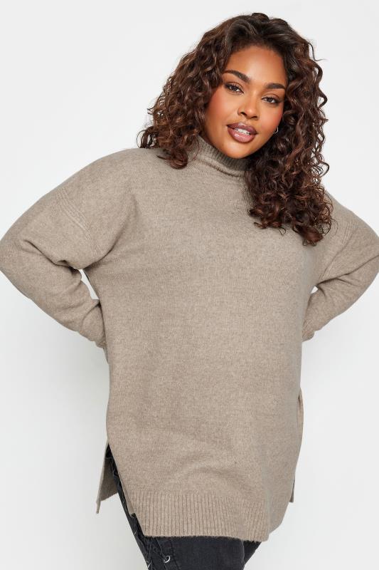 Plus Size  YOURS Curve Beige Brown High Neck Knitted Jumper