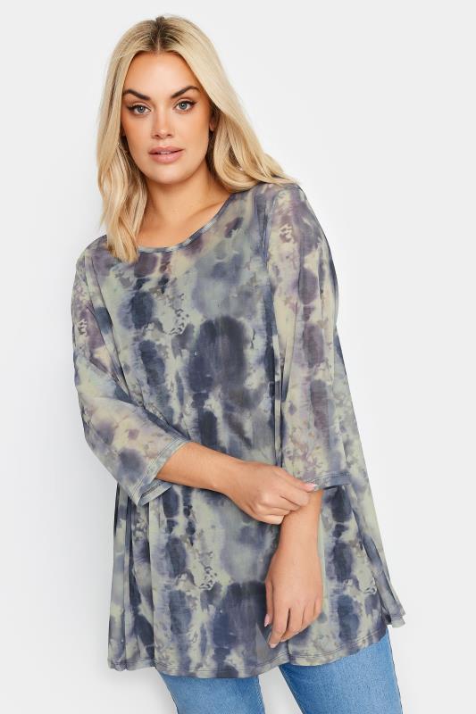 YOURS Plus Size Blue Abstract Print Mesh Layered Top | Yours Clothing 1