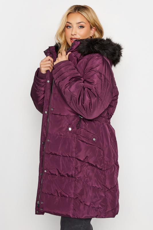 Plus Size  YOURS Curve Purple Panelled Puffer Midi Coat