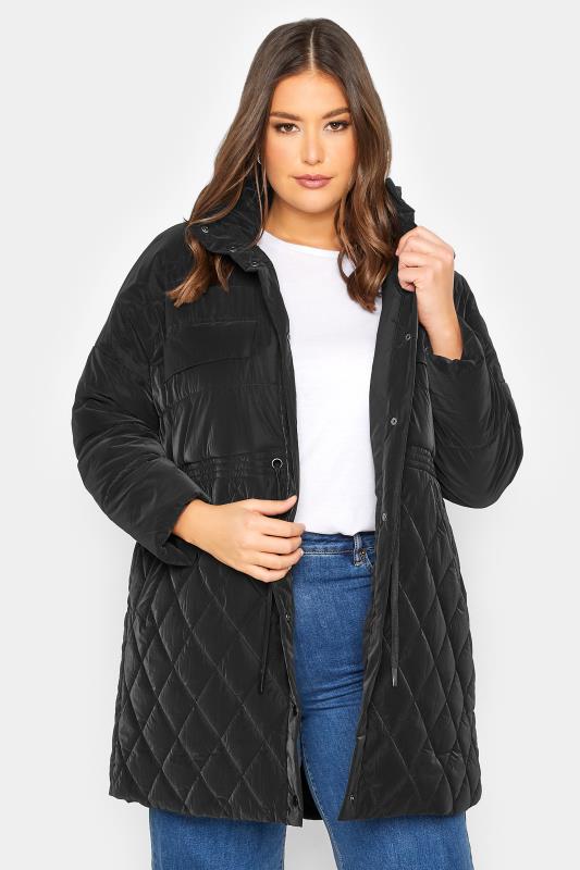 YOURS Plus Size Black Shirred Waist Padded Coat | Yours Clothing 1