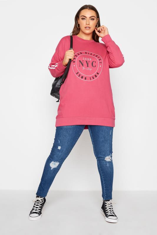 Plus Size Hot Pink 'NYC' Embellished Varsity Sweatshirt | Yours Clothing 2