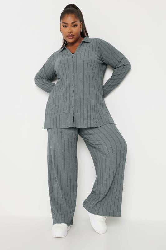 YOURS Plus Size Grey Textured Pinstripe Shirt | Yours Clothing  2