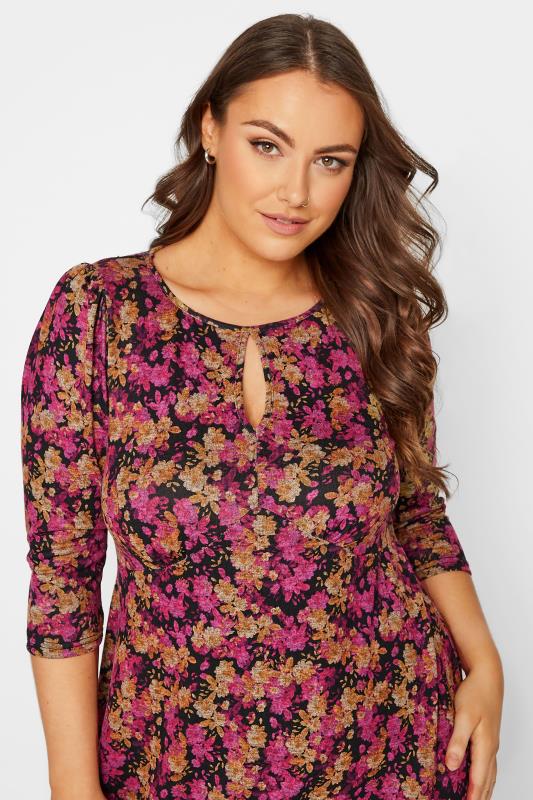 Curve Plus Size Womens Pink & Yellow Floral Midi Dress | Yours Clothing 4